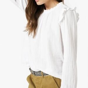 Xirena Lanie Top White Cotton Gauze Long Sleeve Ruffle Shoulder Blouse, Size XS